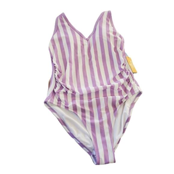 Kona Sol Swimsuit Womens Size 14 W Purple Striped V-neck One Piece Glam Retro C - Picture 1 of 10